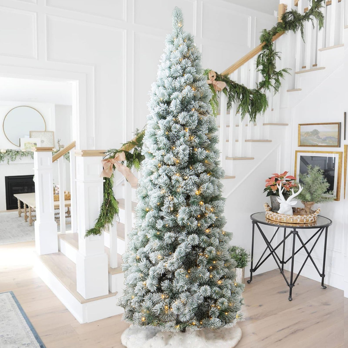 Glitzhome 7.5ft Prelit Christmas Tree, Artificial Christmas Tree with 350 Warm White Lights, Flocked Pencil Christmas Trees Chicago Frostwood Spruce with 1,211 PE&PVC Branch Tips,Sturdy Metal Stand