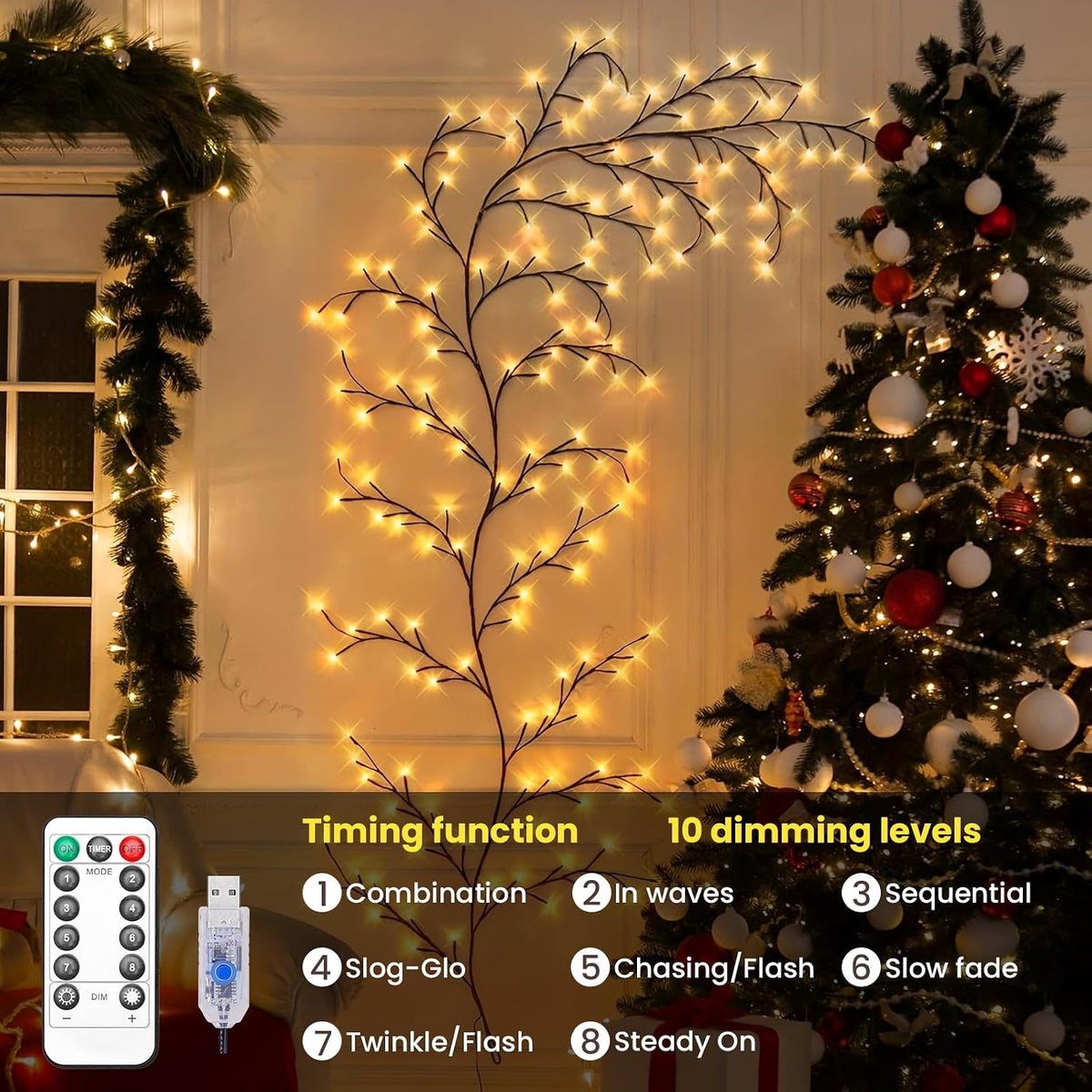 Enchanted Willow Vine Lights for Wall,Willow Vine Tree Branch Lights Decoration Gift,with 72 LED Light and Remote,8 Lighting Modes,for Bedroom Wall Doors Windows Wedding Christmas (63inch)