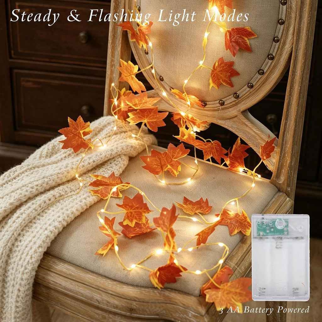 Maple Leaf String Lights, 2 Pack Battery Operated Fall Garland
