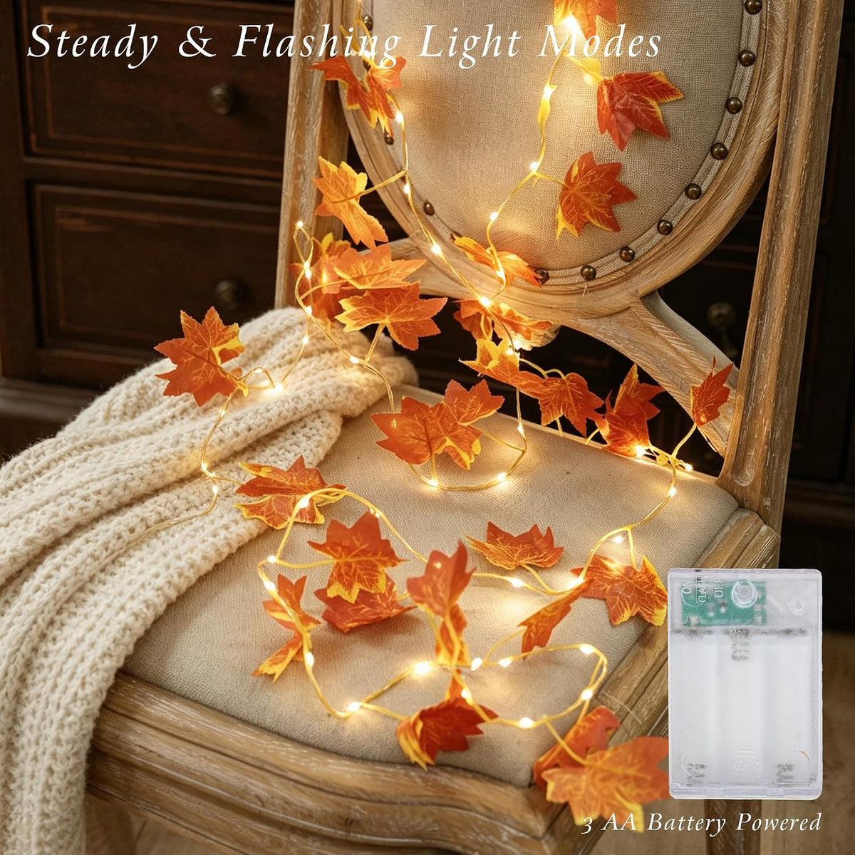 Maple Leaf String Lights, 2 Pack Battery Operated Fall Garland