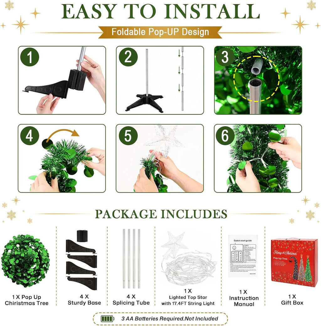 5FT Pop Up Christmas Tree with Lighted Top Star for Christmas Decorations