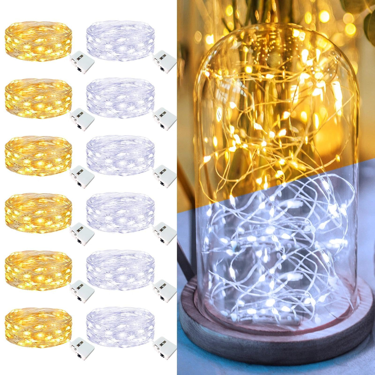 6 Pack Fairy Lights Battery Operated - 7ft 20 Led Twinkle lights 3 Modes, Bulk Mini String Lights Waterproof for Mason Jars Vases DIY Party Table Centerpieces Christmas Decoration -Warm White