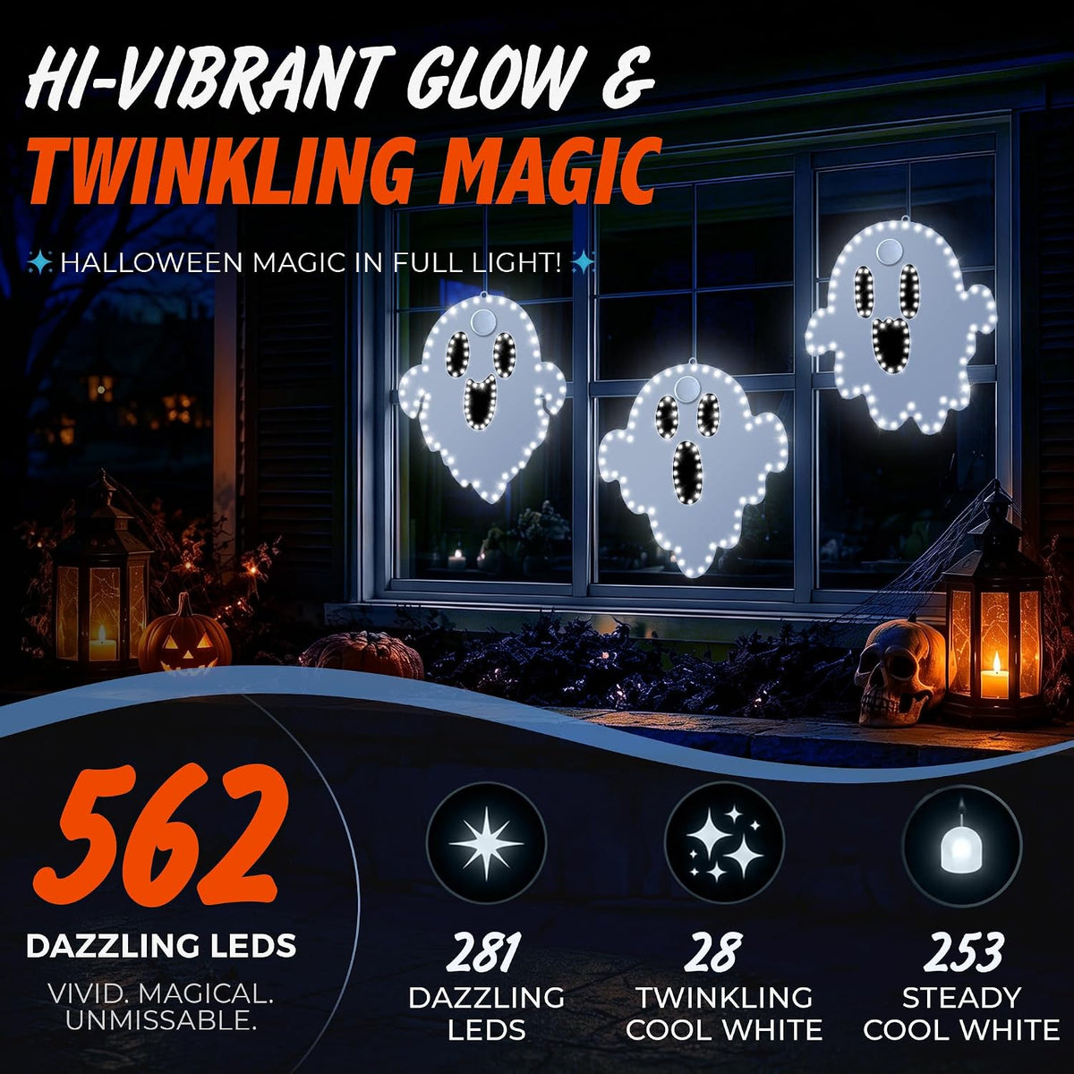 3 Pack 10" Halloween Classics Twinkling LED Ghosts, Hi-Vibrant Aluminum Frame Ghost Window Silhouette Lights, Cool White LED Lights, Holiday Indoor Outdoor Decoration