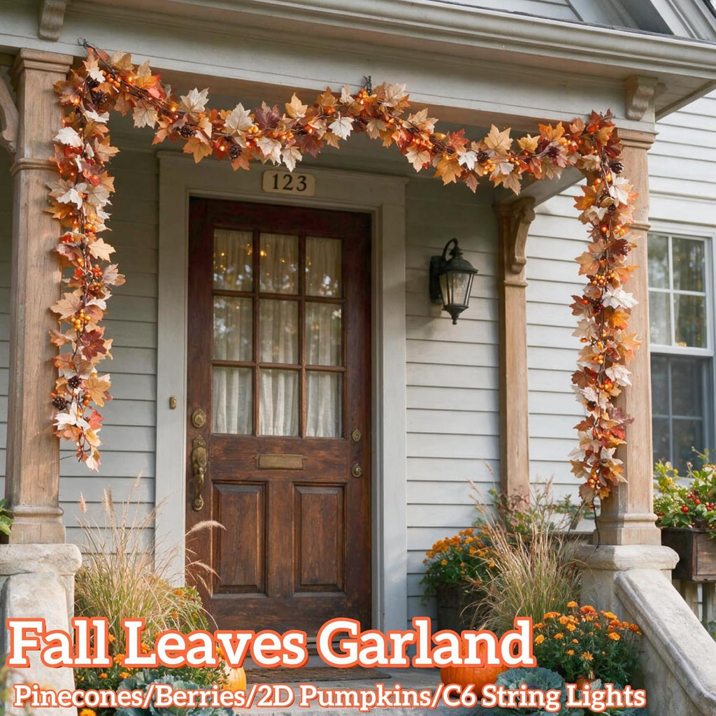 10Ft Lighted Fall Garland with Battery Operated C6 Orange Lights, Extra Long Maple Leaf Garland with Pumpkin Wood Signs, Pinecones & Yellow Berries, Thanksgiving Autumn Decor Indoor Outdoor