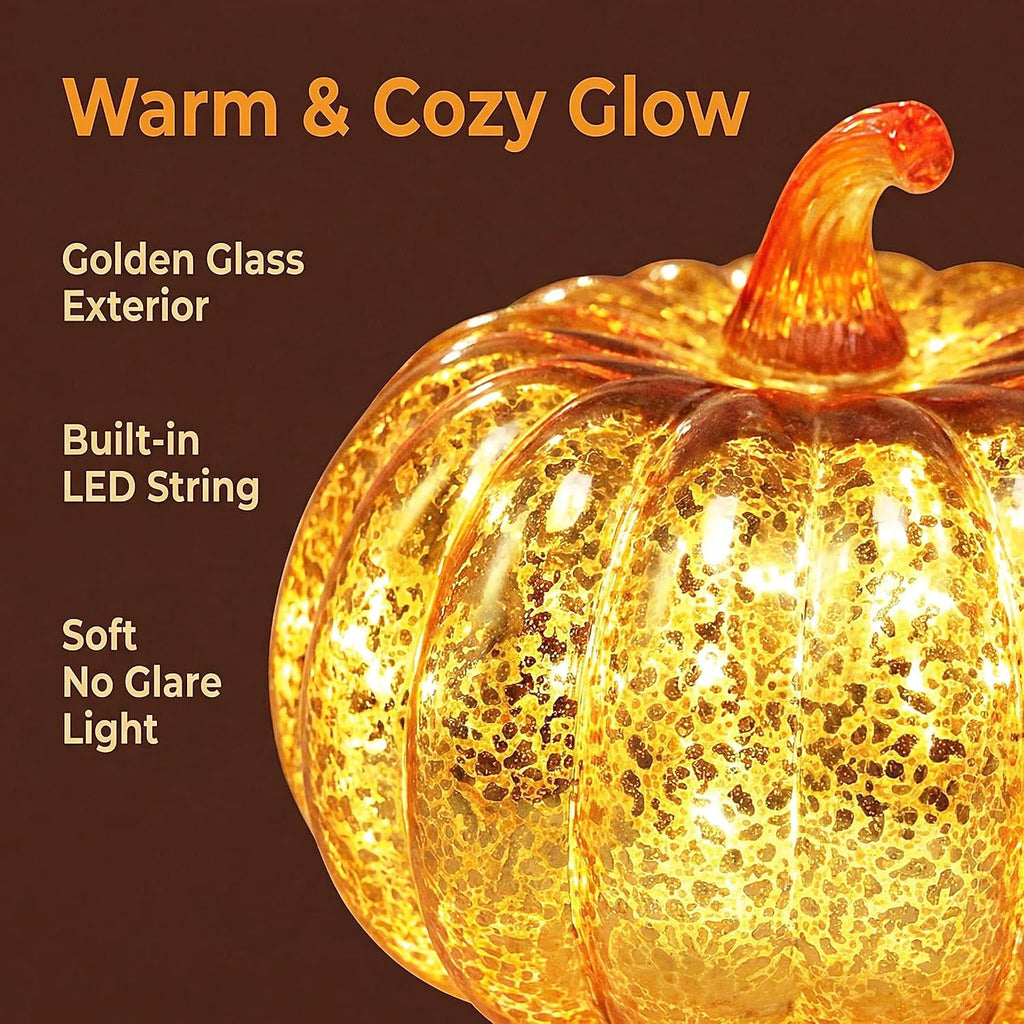 Fall Decorations for Home,Mercury Glass Pumpkin Lights with Timer(Gold)