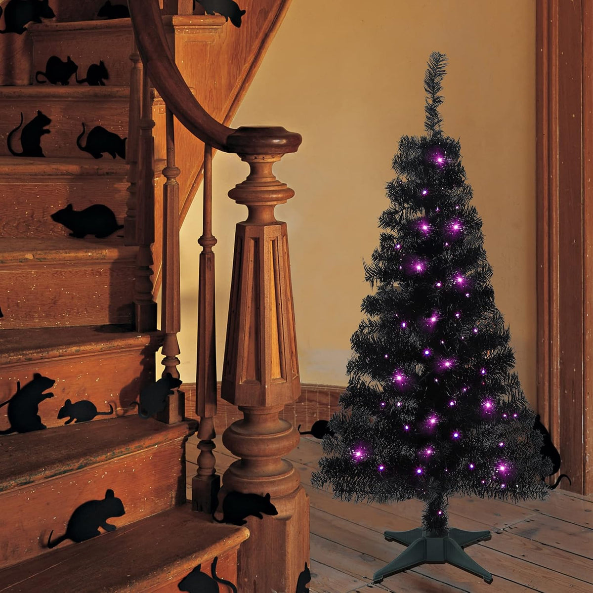 Juegoal Lighted Artificial Halloween Black Christmas Tree, 4FT Black Tinsel Pine Tree with 70 LED Purple Lights, 8 Modes & Timer for Home Party Decorations