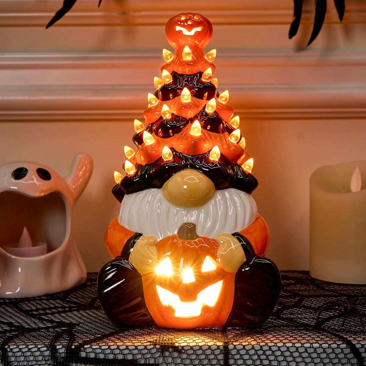 Joiedomi 8.5 inch Tall Halloween Decoration Pumpkin Gnome Ceramic Tree with Build-in LEDs Tabletop Decor for Halloween Indoor Party Supplies Decoration, Battery Operated, Indoor Home Party Decors