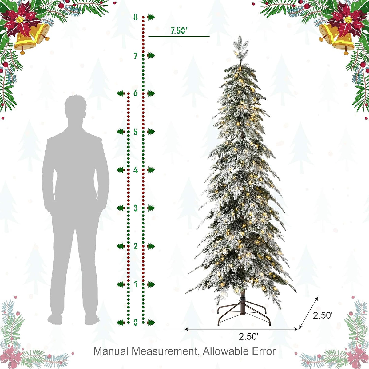 Glitzhome 7.5ft Prelit Christmas Tree, Artificial Christmas Tree with 350 Warm White Lights, Flocked Pencil Christmas Trees Chicago Frostwood Spruce with 1,211 PE&PVC Branch Tips,Sturdy Metal Stand