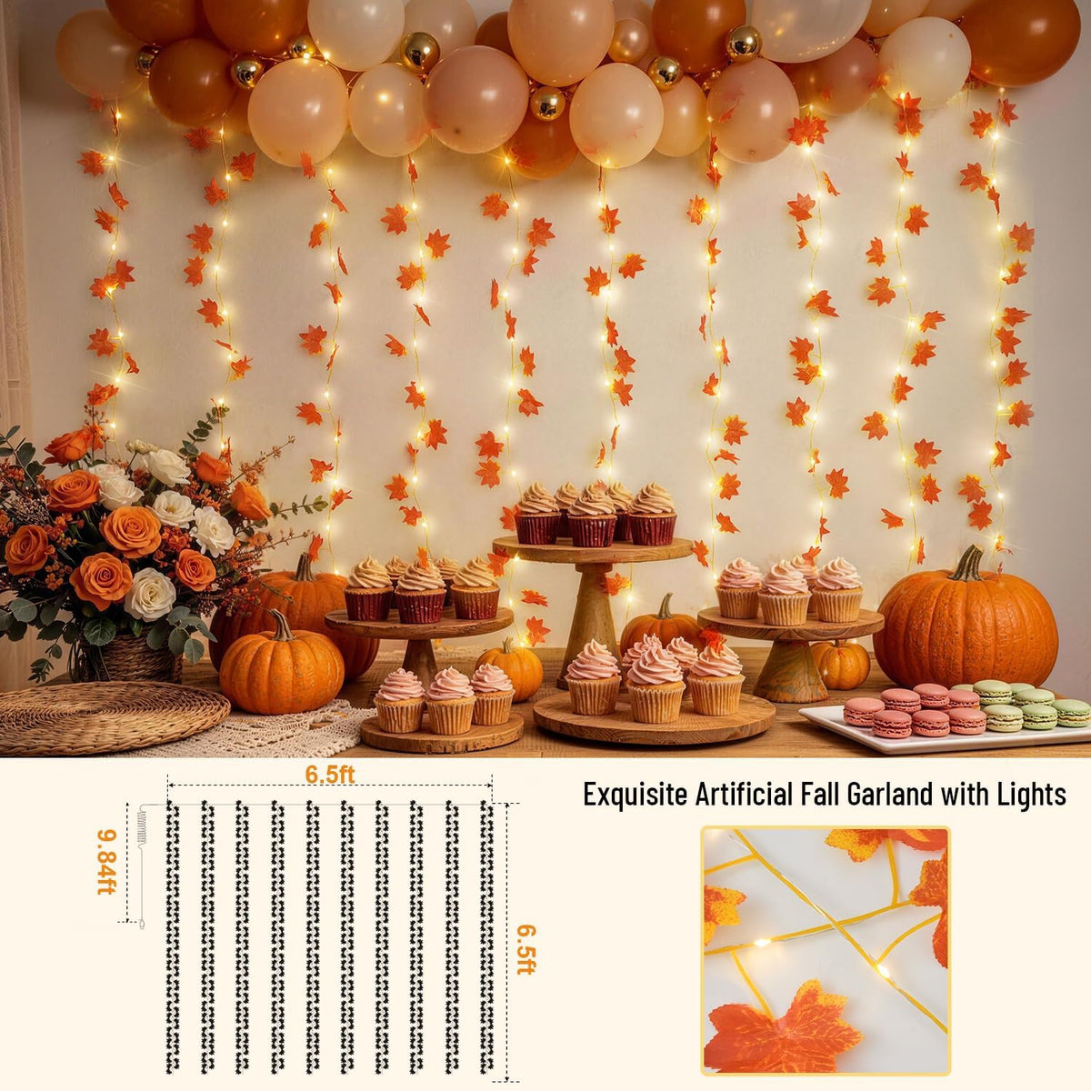 JMEXSUSS Maple Leaf Curtain Lights, 200 LED Fall Garland with Fairy Lights