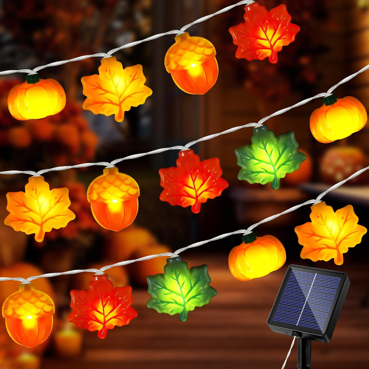 Solar Fall Lights Outdoor 17.4Ft 3D Acorn Pumpkin Maple Leaf String Lights, 8 Modes Thanksgiving Lights Fall Decor Thanksgiving Decorations for Outdoor