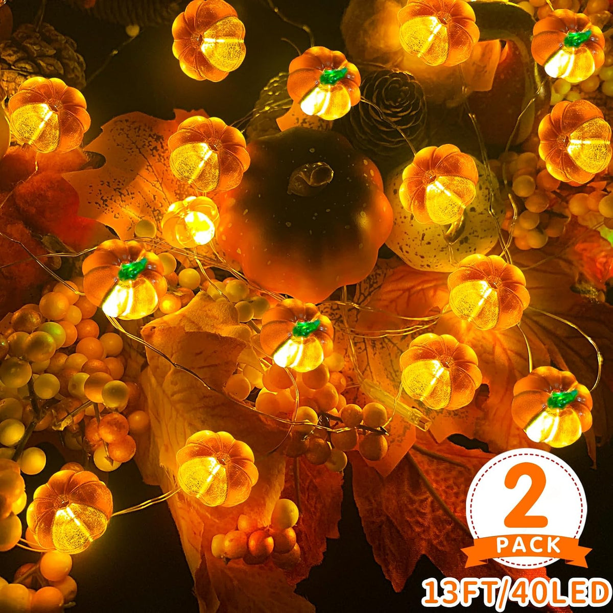 TURNMEON Fall Decor 2 Pack 3D Halloween Pumpkin Lights Total 13FT 40LED