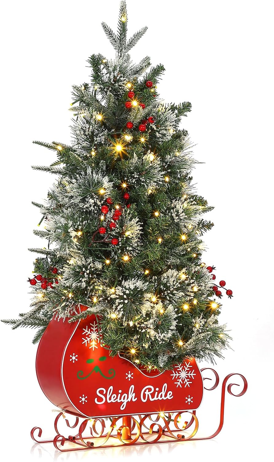 Garvee 3FT Christmas Tree, Pre-Lit Artificial Christmas Trees with Lights, Small Xmas Trees with Sleigh Base & 78 Warm White Lights, Christmas Decoration for Home, Office,1 PCS