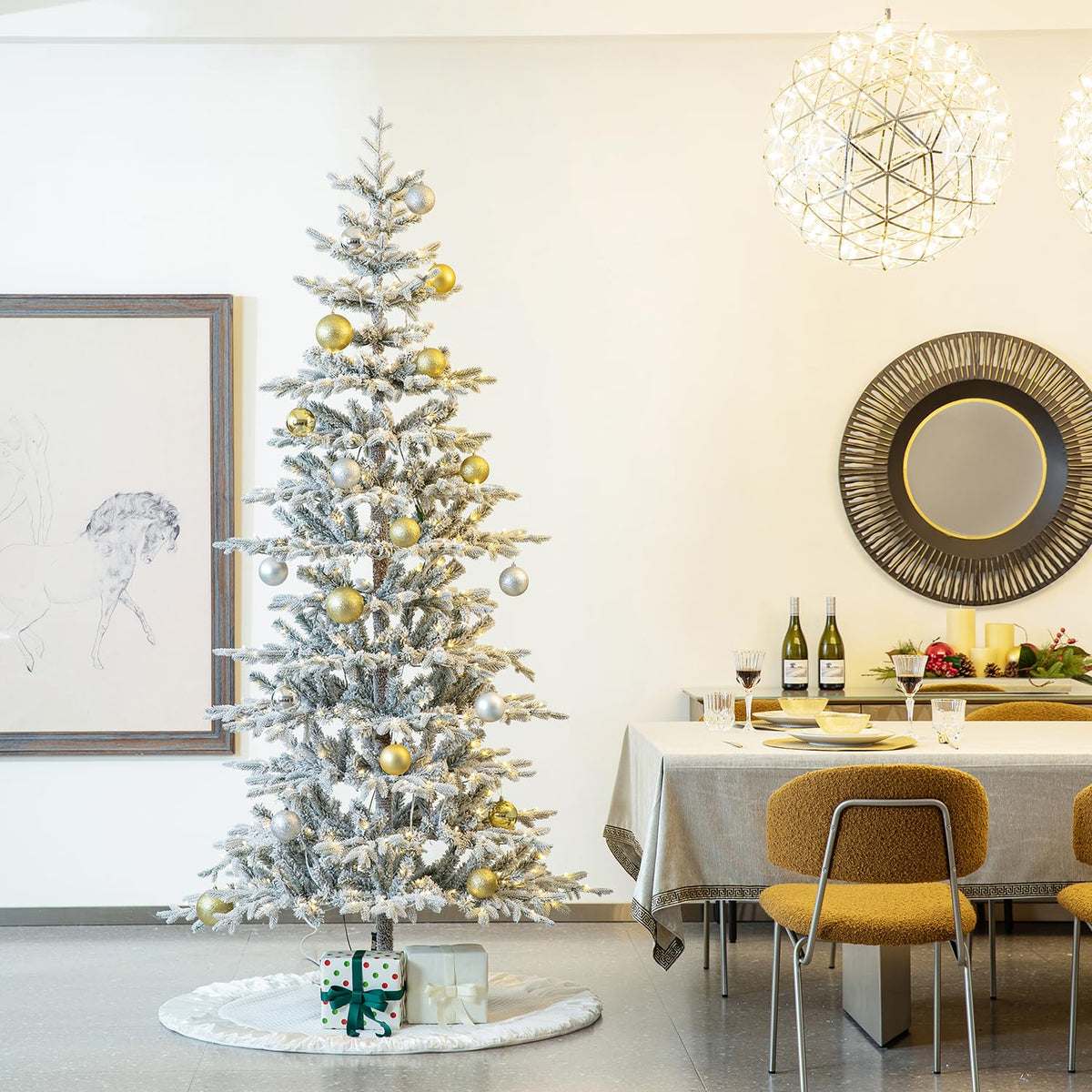 Glitzhome 7.5ft Prelit Christmas Tree, Artificial Christmas Tree with 350 Warm White Lights, Flocked Pencil Christmas Trees Chicago Frostwood Spruce with 1,211 PE&PVC Branch Tips,Sturdy Metal Stand