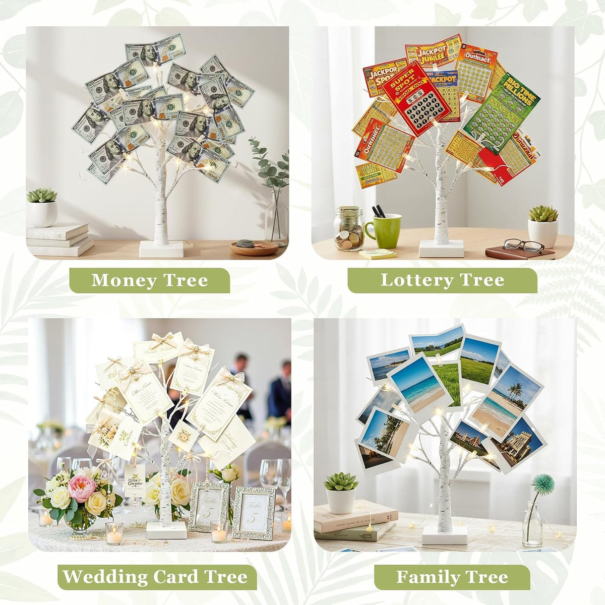 Vanthylit Money Tree Gift Holder, Lighted Tabletop Birch Tree with Clips and Greeting Cards, Photo Decorations for Birthday Wedding Christmas Graduation Gifts(24 LED Warm White)