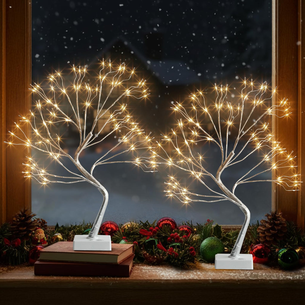 EAMBRITE Lighted Birch Tree Home Decor, Christmas Decorations Indoor 2Pack 24 LED Light Up Tabletop Mini Small Artificial White Trees Lamp with Lights Battery Operated/USB for Table Mantel (2FT)