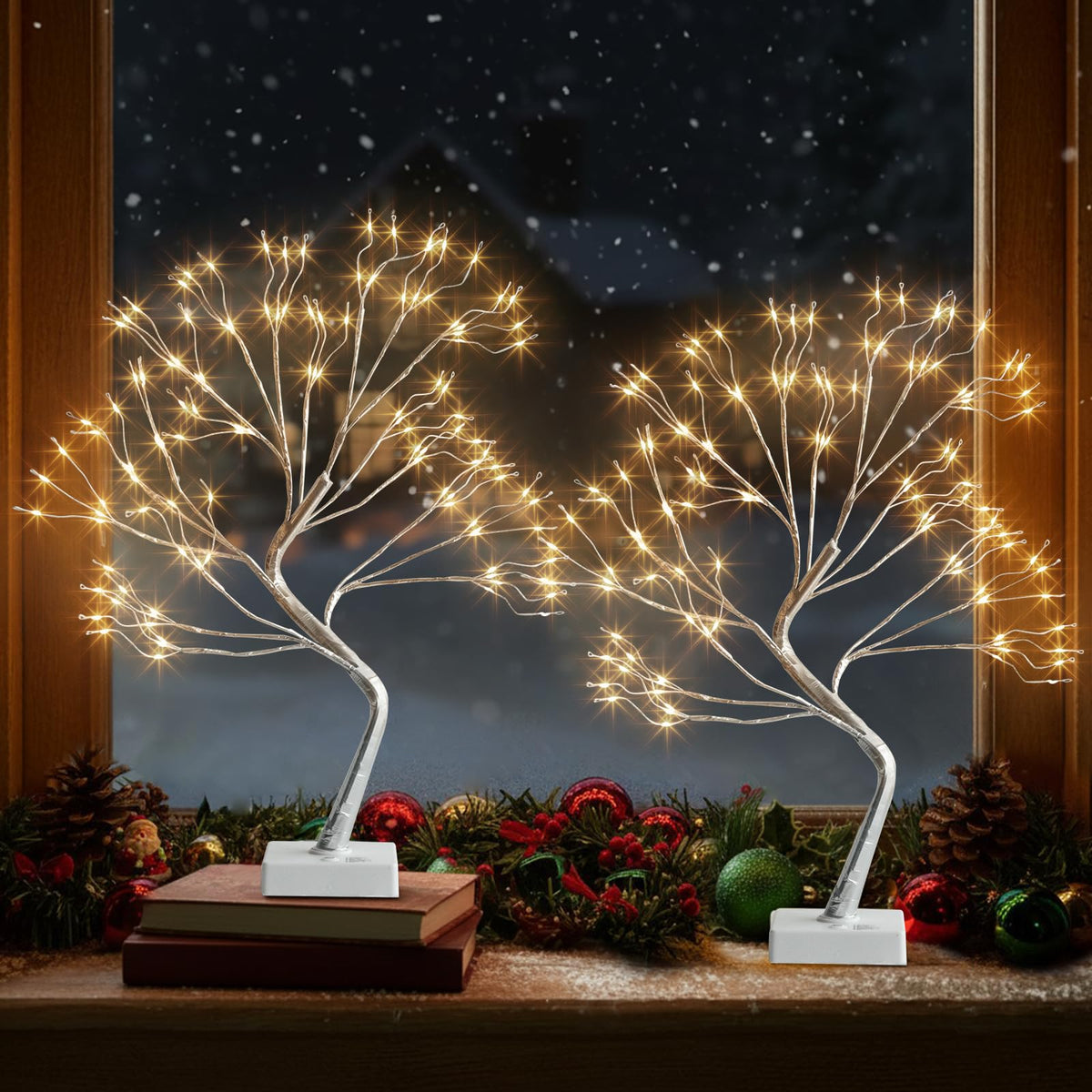 EAMBRITE Lighted Birch Tree Home Decor, Christmas Decorations Indoor 2Pack 24 LED Light Up Tabletop Mini Small Artificial White Trees Lamp with Lights Battery Operated/USB for Table Mantel (2FT)