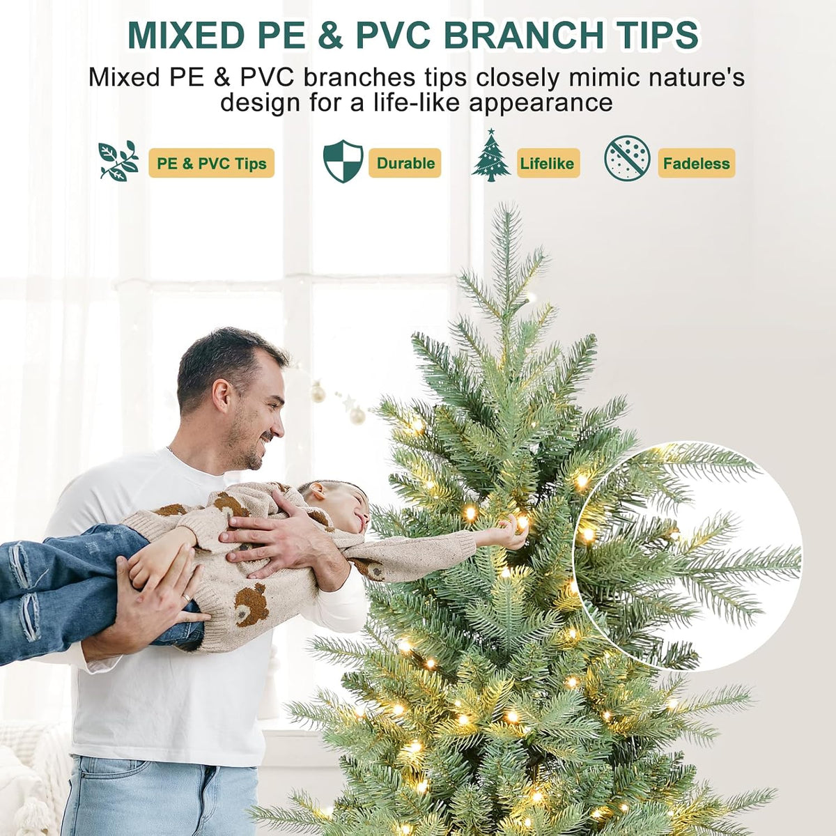 6 FT Prelit Artificial Skinny Christmas Tree,Blue Spruce Slim Pencil Xmas Tree with 1205 PE&PVC Mixed Branch Tips and 300 UL Listed Clear Lights,Hinged Pine Tree with Metal Stand for Home Office Décor