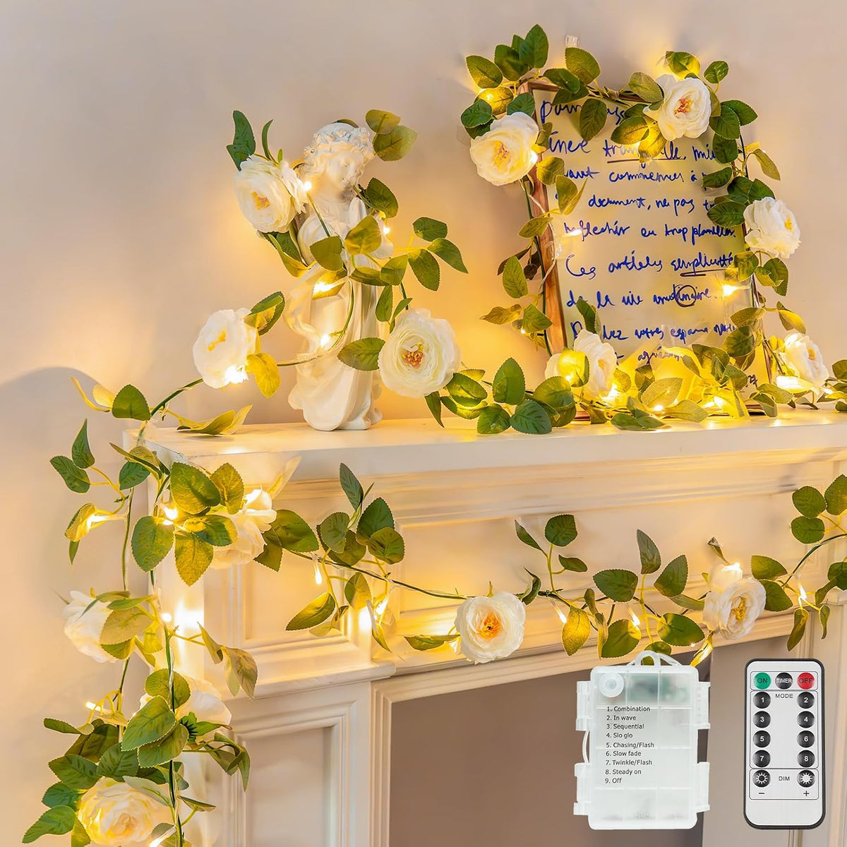 suddus 60LED Garland with White Camellia Lights Battery Operated Clear Wire