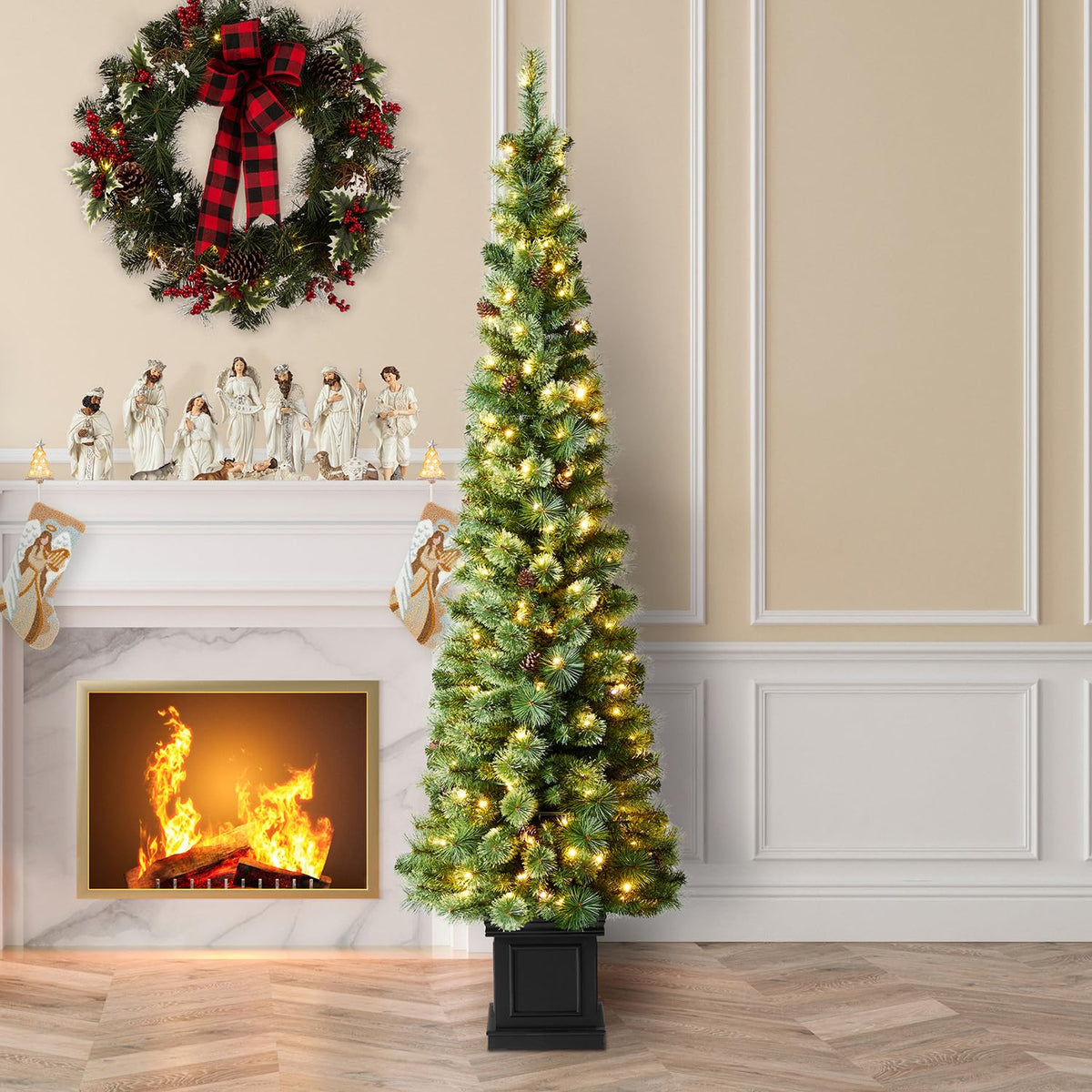 Glitzhome 7.5ft Prelit Christmas Tree, Artificial Christmas Tree with 350 Warm White Lights, Flocked Pencil Christmas Trees Chicago Frostwood Spruce with 1,211 PE&PVC Branch Tips,Sturdy Metal Stand