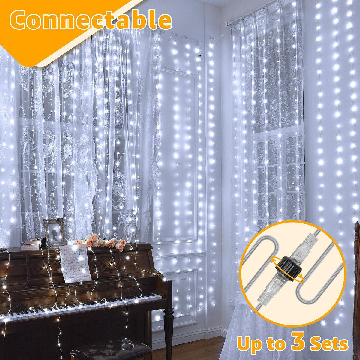 Ollny Curtain Lights 300LED 9.8ftx9.8ft, Connectable IP67 Waterproof