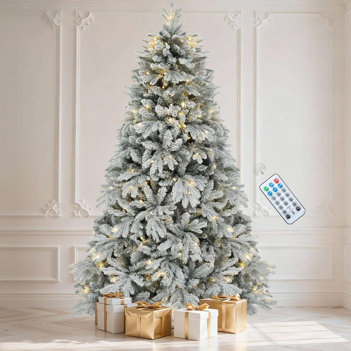 DWVO 6ft Prelit Flocked Aspen Fir Christmas Tree with Bulbs and Lights, Full Artificial Xmas Tree with 1336 Metal Hinged PE & PVC Flame Resistant Branches, 46 Bulbs and 270 Lights Remote Controlled