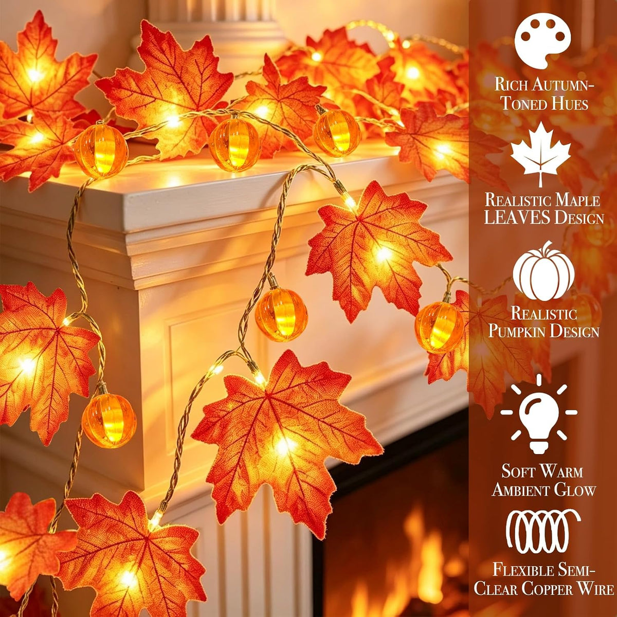 3 Pack Fall Garland with Pumpkin Lights Enlarged Maple Leaves 30Ft 60LED