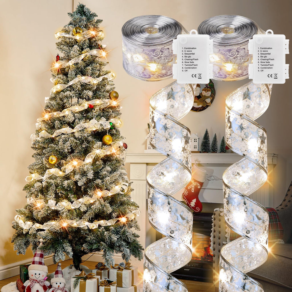 2 Pack Christmas Tree Ribbon String Lights - 33ft 100 LED Battery Powered Fairy Lights with Timer and 8 Lighting Modes, Christmas Ribbon Bows Lights for 6ft - 8ft Christmas Tree New Year Decor, Gold