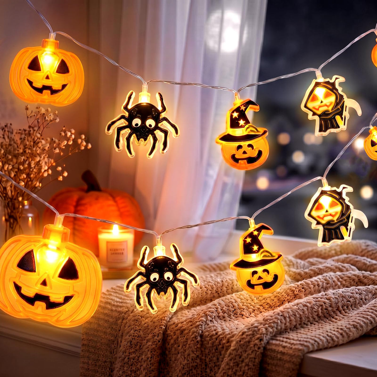 Halloween String Lights Indoor: 9.84 FT 20 LED Battery Operated Pumpkin Ghost Cat Lighted Decorations – 8 Modes Waterproof Timer for Window Porch House Room Bedroom Party Decor