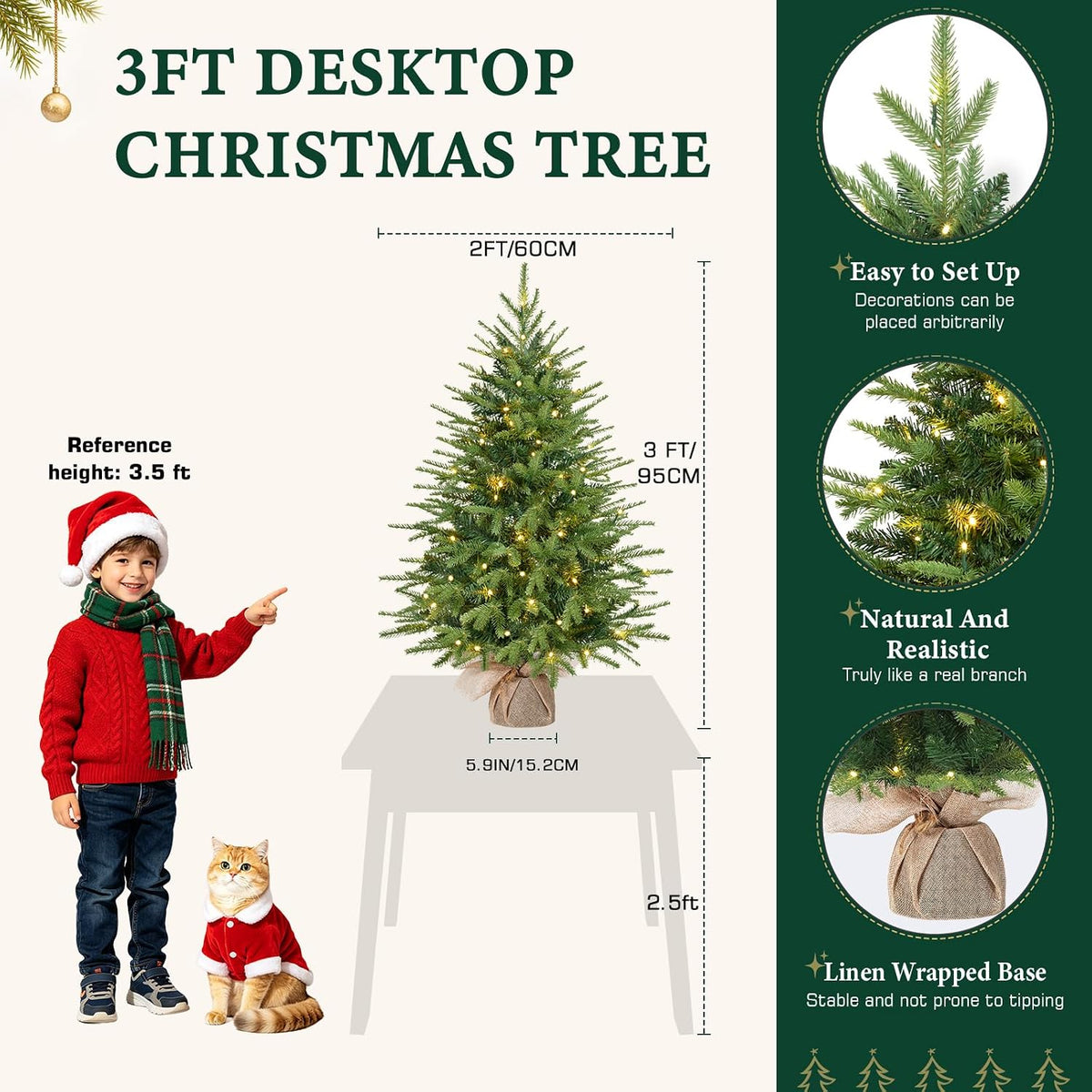 Alupssuc 3ft Prelit Artificial Mini Christmas Tree for Tabletop Decorations