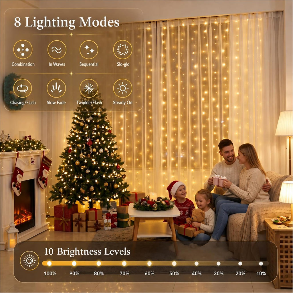 Fairy Curtain Light, 300LED 9.8x9.8ft, Remote & 8 Modes, USB