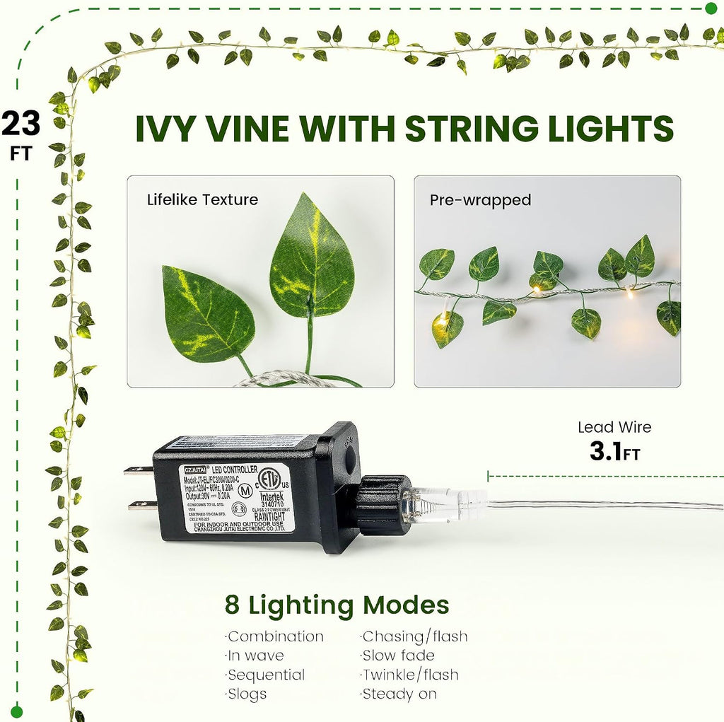 Vine String Lights Plug in, 23FT 73 LED Vines with Fairy Lights, Faux Pothos Leaf Garland with Light for Bedroom, Dorm Room, Wedding, Party & Home Decor, Warm White