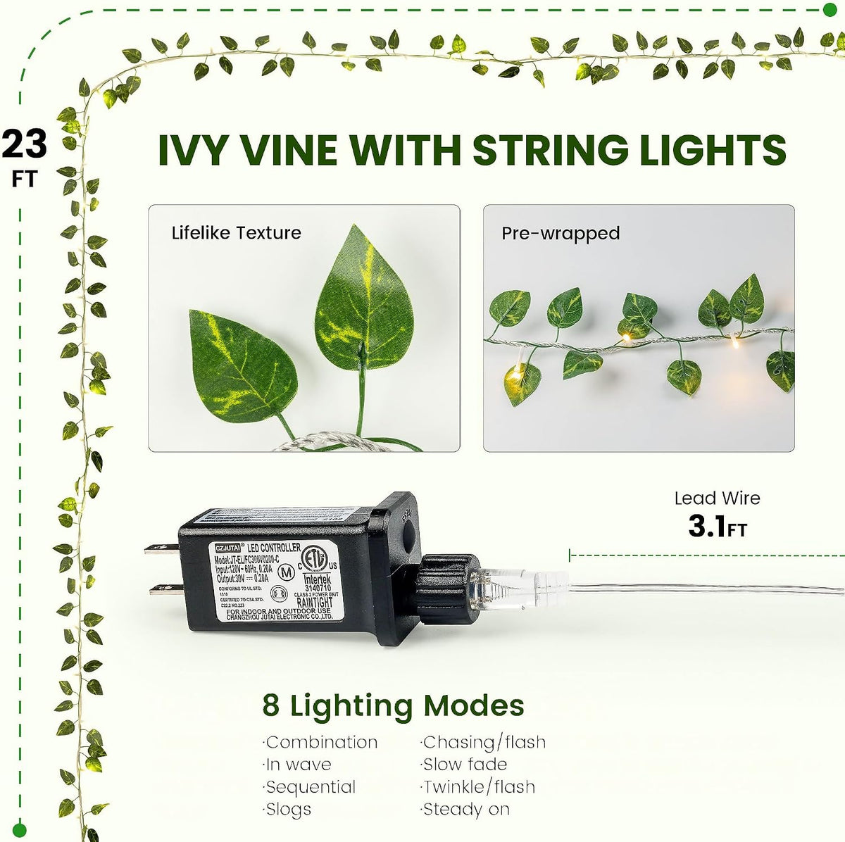 Vine String Lights Plug in, 23FT 73 LED Vines with Fairy Lights, Faux Pothos Leaf Garland with Light for Bedroom, Dorm Room, Wedding, Party & Home Decor, Warm White