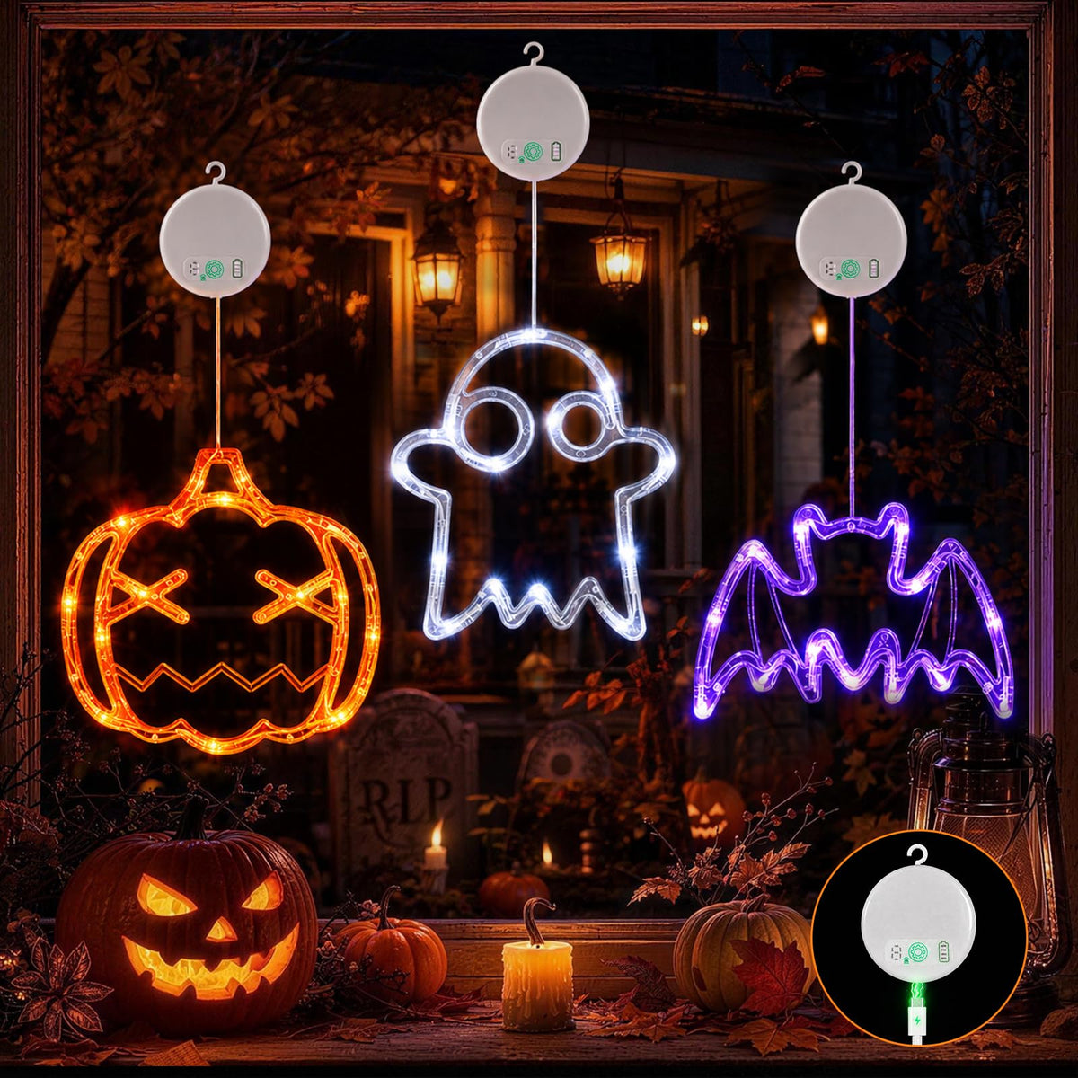 LOLStar Acorn Maple Leaves Pumpkin Thanksgiving Lights, 3 Pack Rechargeable