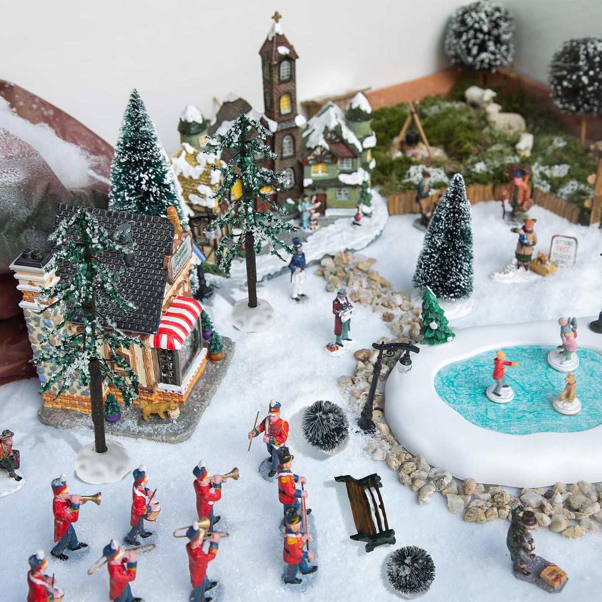 Dingion 6 Pcs Christmas Village Accessories Snow Pine Trees Display