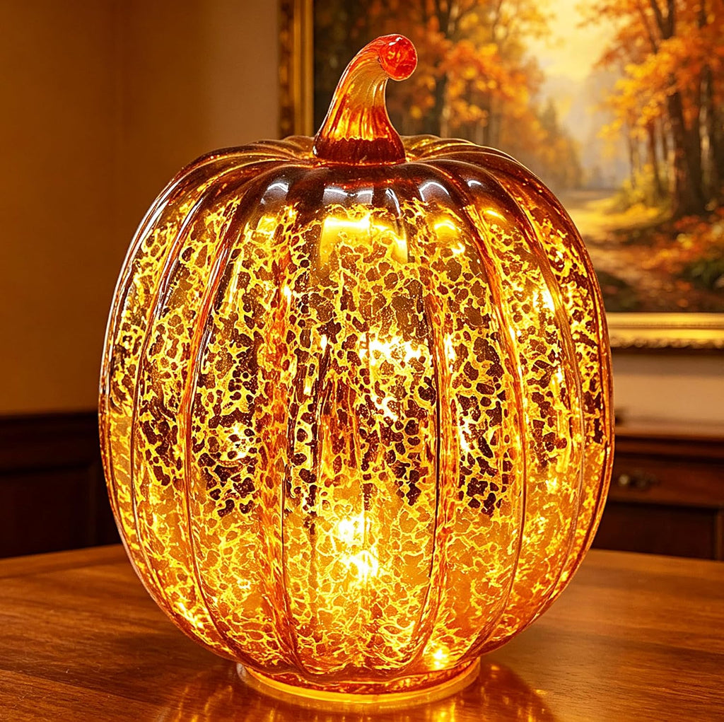 Fall Decorations for Home,Mercury Glass Pumpkin Lights with Timer(Gold)