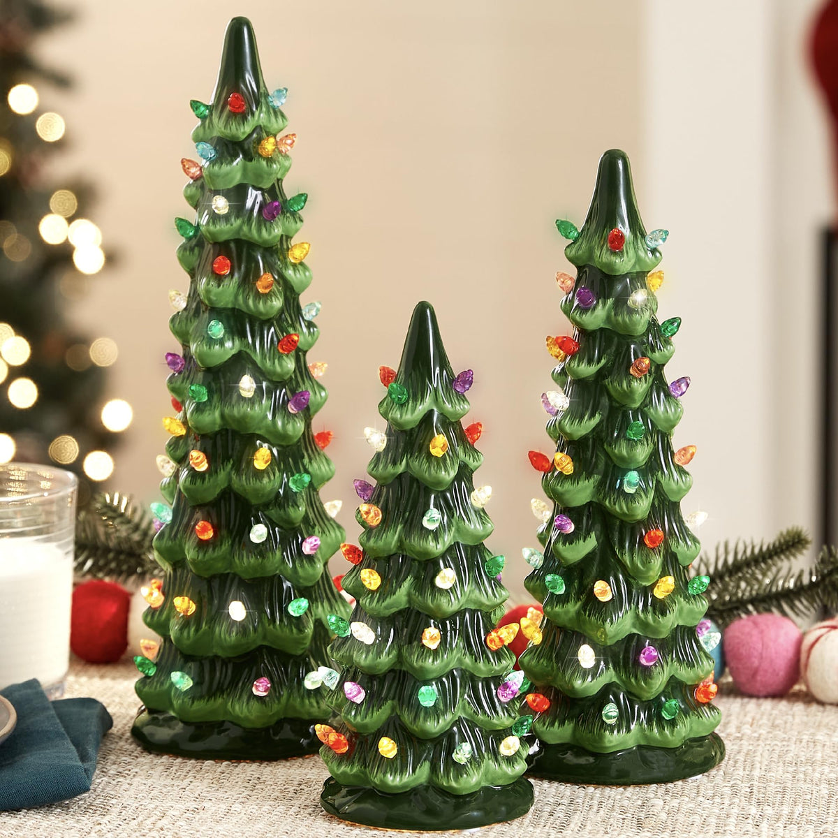 Best Choice Products Set of 3 Ceramic Christmas Trees, Pre-Lit Hand-Painted Tabletop Holiday Decoration w/Multicolor Bulbs, LED Lights – Green