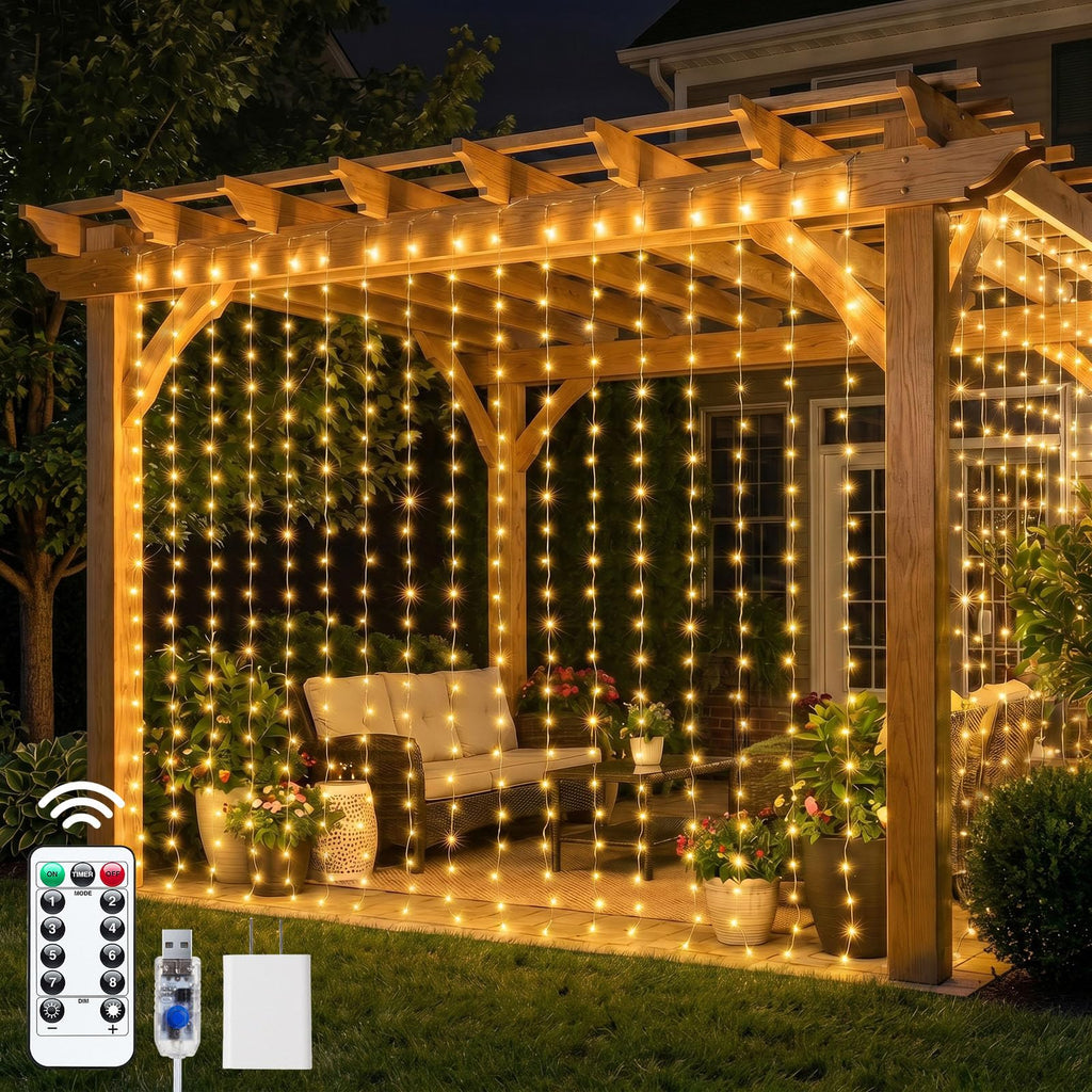 Brightown 300 LED Curtain Lights, 9.8 FT Plug in Fairy Lights for Bedroom, 8 Lighting Modes, Christmas String Lights for Window Wall Wedding Party Birthday Christmas Decorations, Warm White