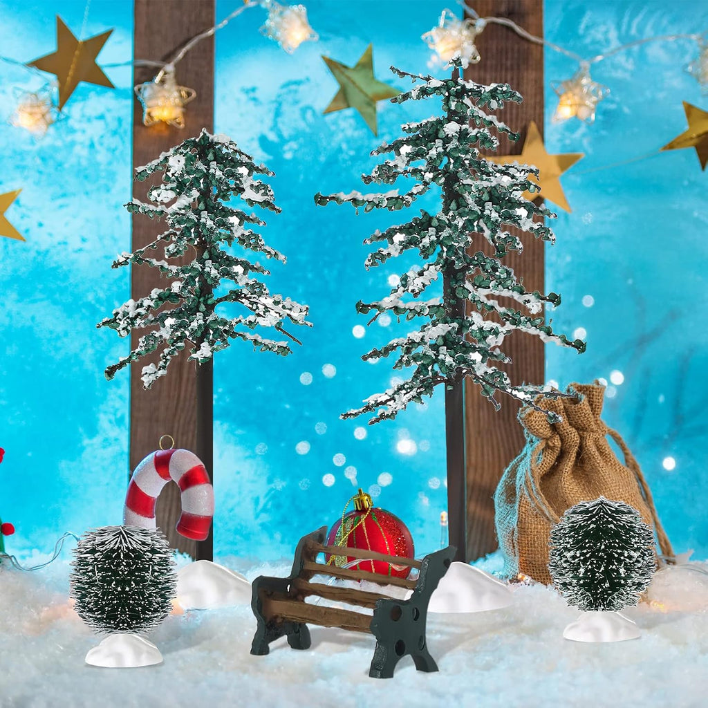 Dingion 6 Pcs Christmas Village Accessories Snow Pine Trees Display