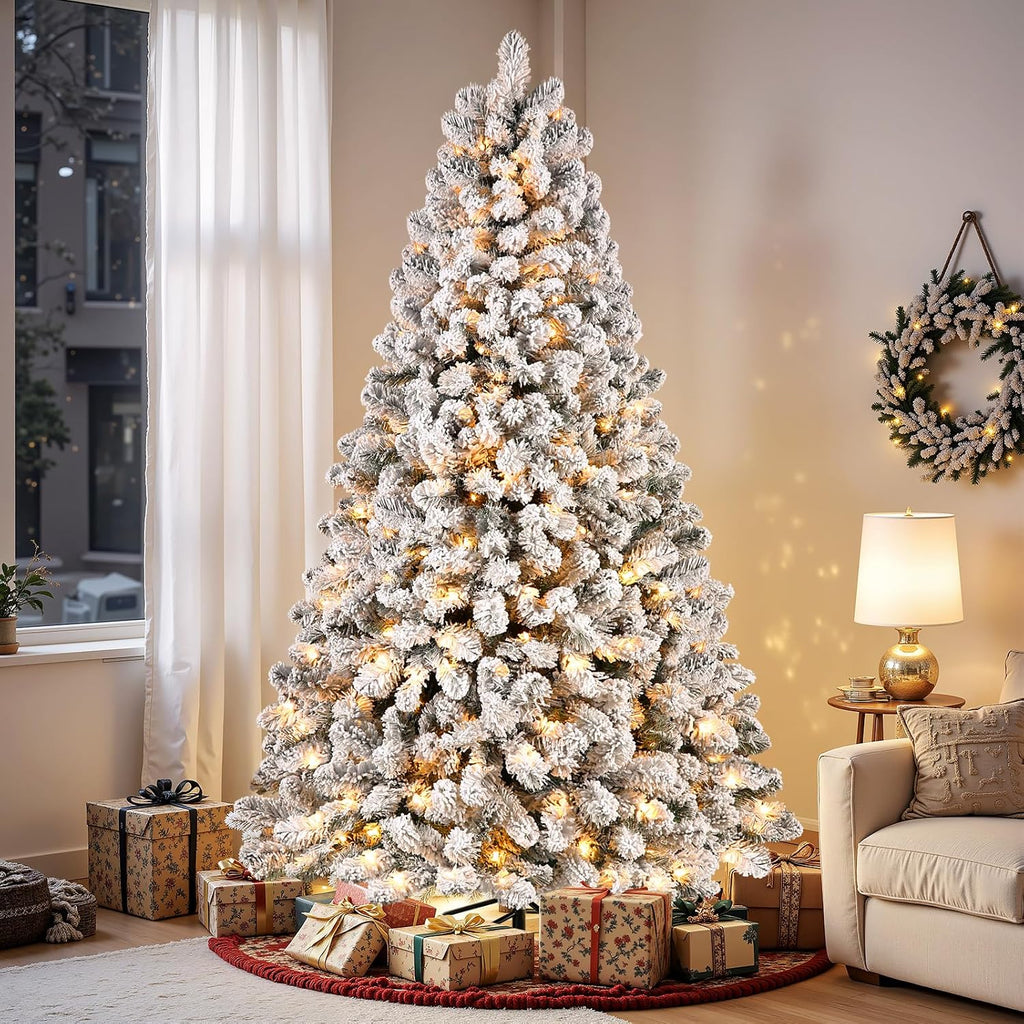 SHareconn 7ft Snow Flocked Spruce Pre-lit Artificial Christmas Tree, White