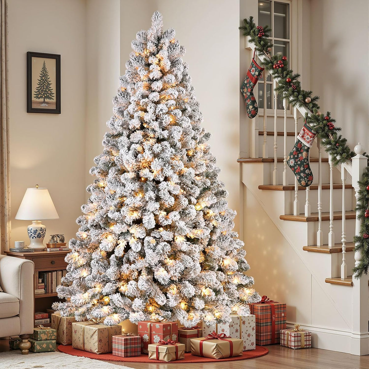 SHareconn 7ft Snow Flocked Spruce Pre-lit Artificial Christmas Tree, White