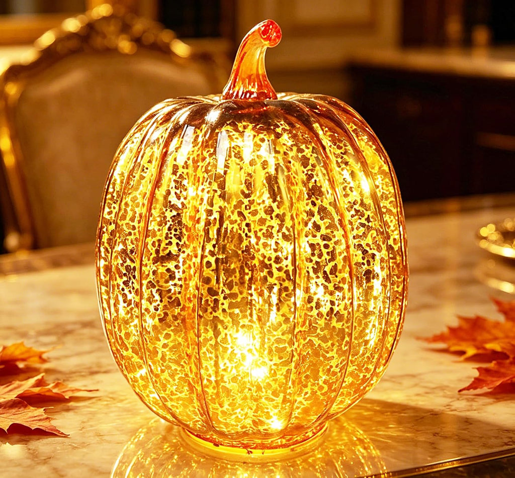 Fall Decorations for Home,Mercury Glass Pumpkin Lights with Timer(Gold)