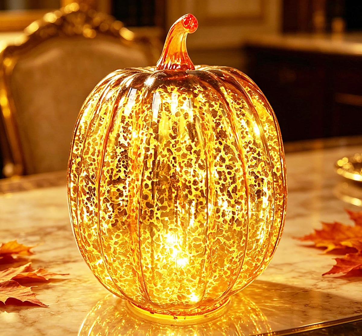 Fall Decorations for Home,Mercury Glass Pumpkin Lights with Timer(Gold)