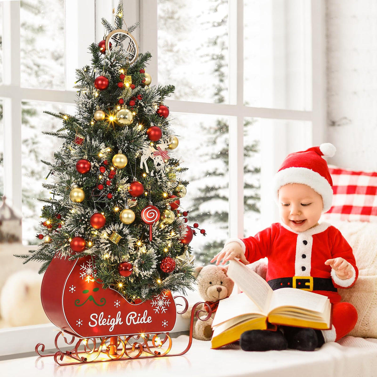 GarveeHome 3 ft Christmas Tree with 78 Lights, Pre-Lit Artificial Desktop Xmas Tree with 8 Mode Includes Red Berries & Sleigh Base,Christmas Decoration for Home, Office,1 PCS