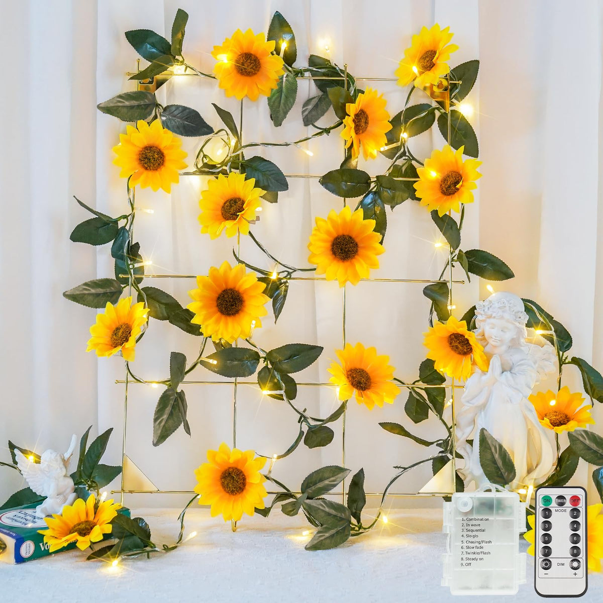 suddus 60LED Garland with White Camellia Lights Battery Operated Clear Wire