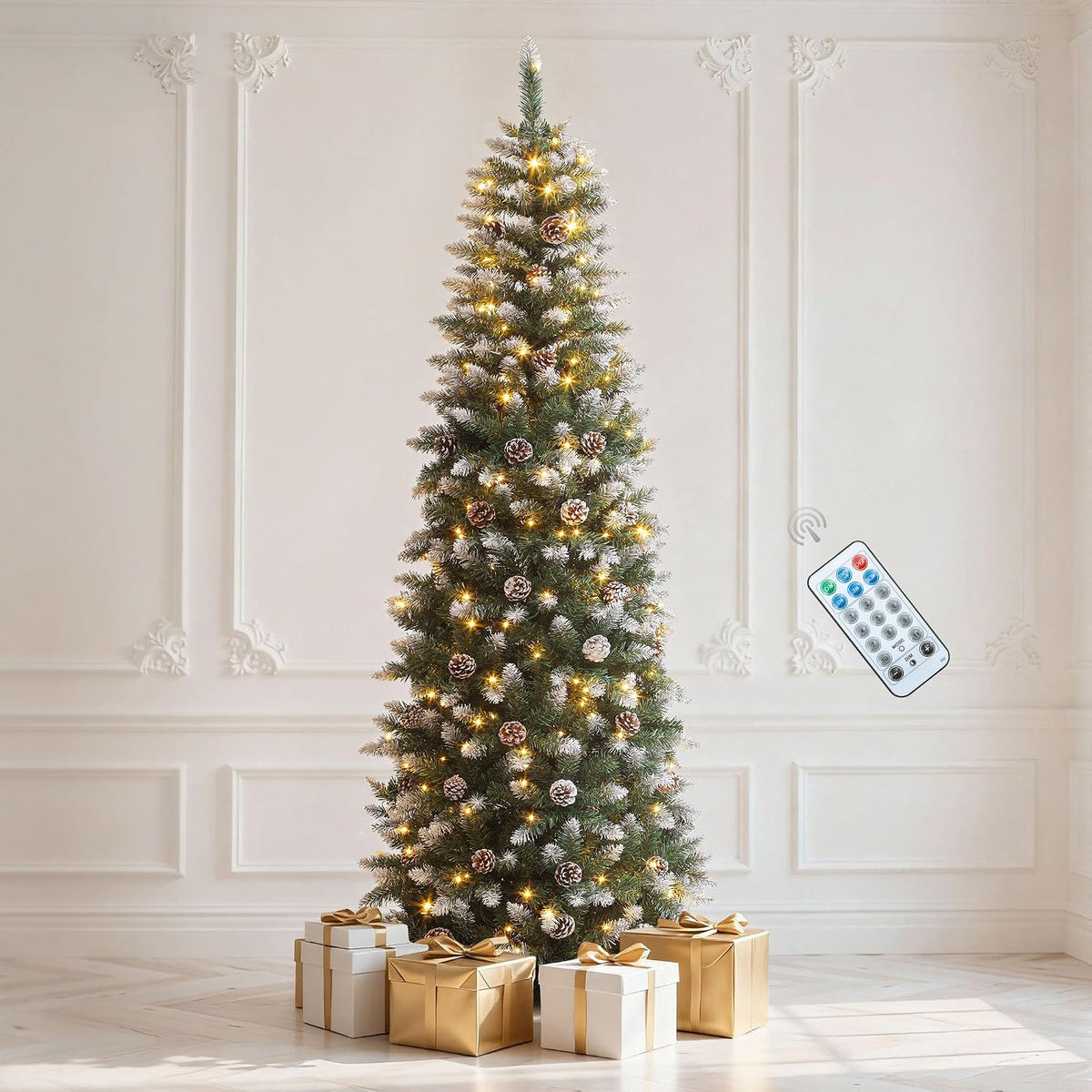 DWVO 6ft Pre-lit Artificial Christmas Tree, Slim Partial Snowy Pencil Kingswood Fir Christmas Trees with 50 Pine Cones, 618 Branch Tips & 250 UL Listed Lights with Remote Control for Home Party