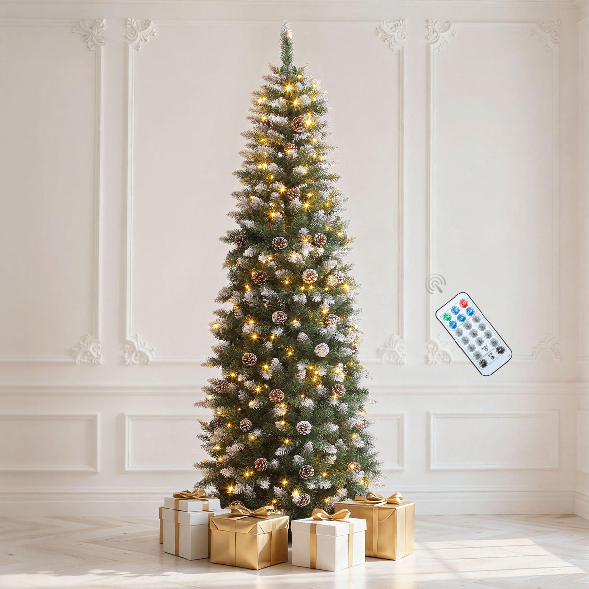 DWVO 6ft Pre-lit Artificial Christmas Tree, Slim Partial Snowy Pencil Kingswood Fir Christmas Trees with 50 Pine Cones, 618 Branch Tips & 250 UL Listed Lights with Remote Control for Home Party
