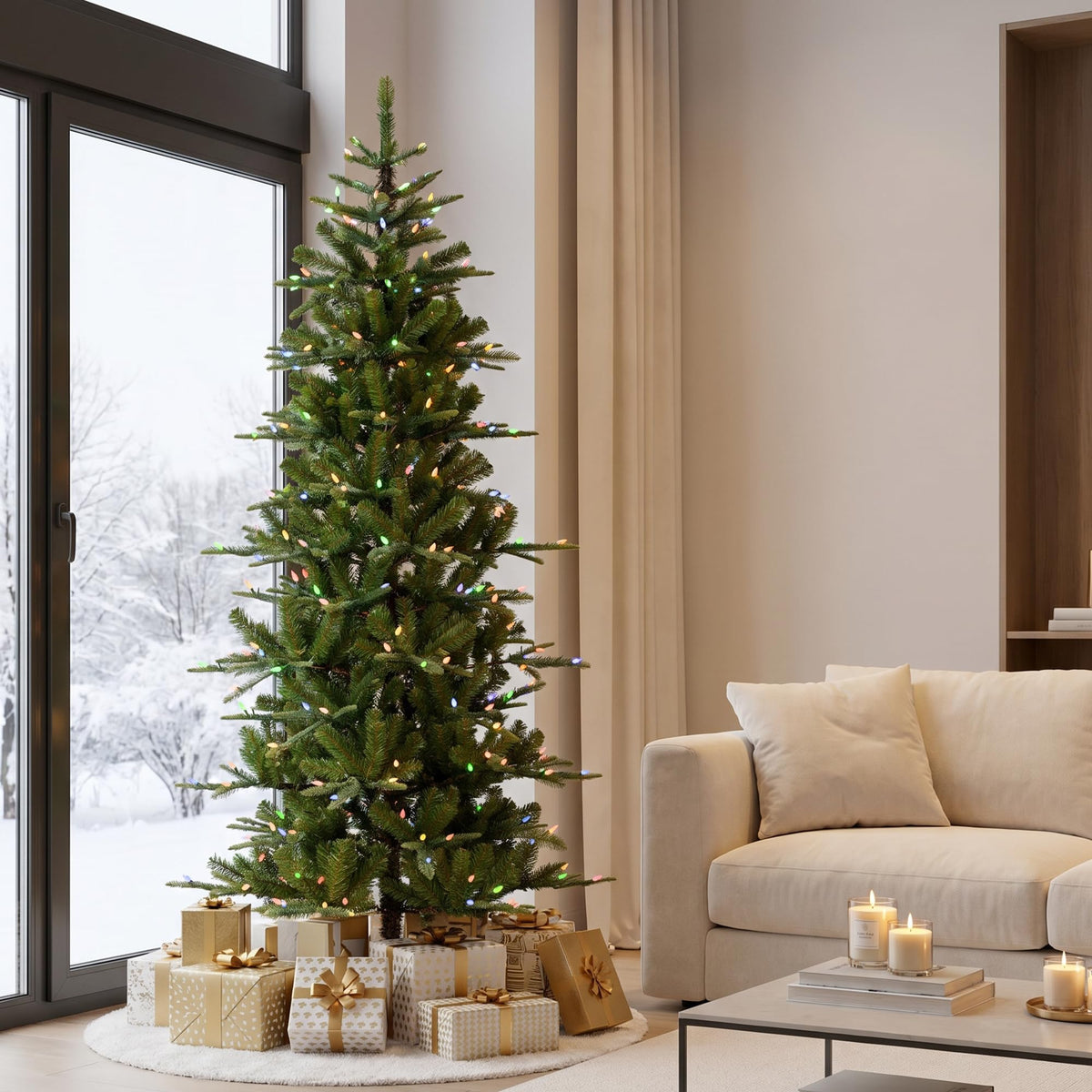 Glitzhome 7.5ft Prelit Christmas Tree, Artificial Christmas Tree with 350 Warm White Lights, Flocked Pencil Christmas Trees Chicago Frostwood Spruce with 1,211 PE&PVC Branch Tips,Sturdy Metal Stand