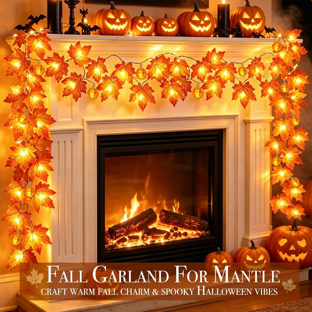 3 Pack Fall Garland with Pumpkin Lights Enlarged Maple Leaves 30Ft 60LED