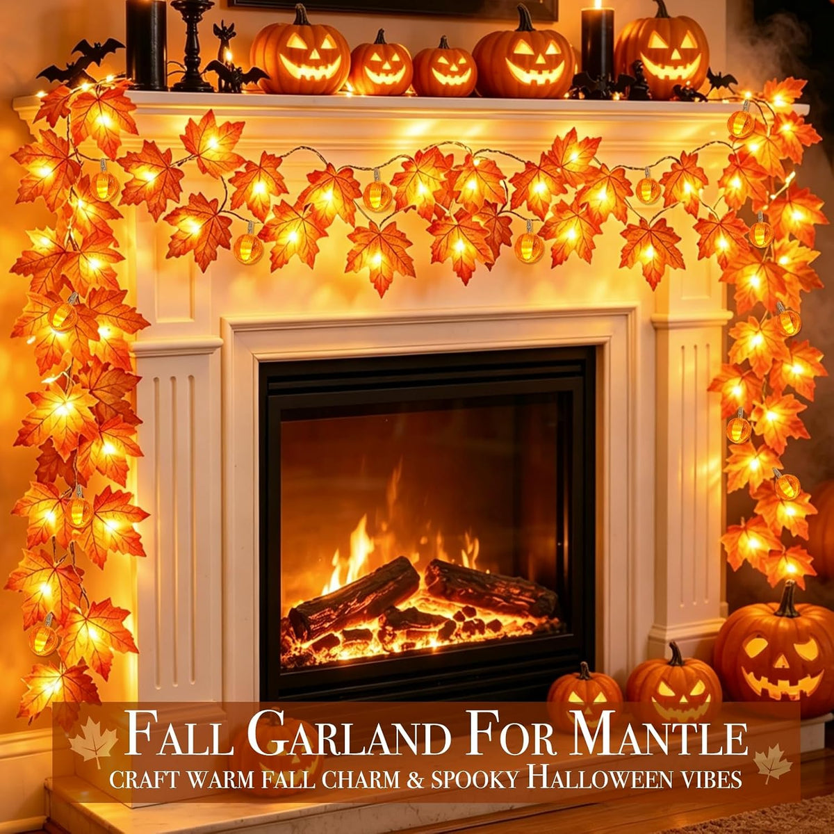 3 Pack Fall Garland with Pumpkin Lights Enlarged Maple Leaves 30Ft 60LED