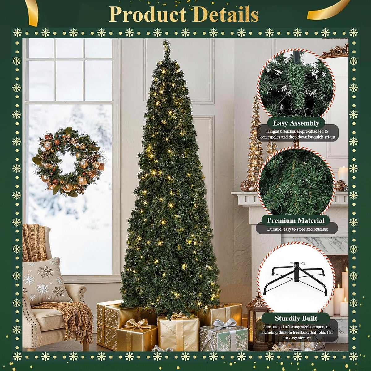 okicoler Christmas Tree, 6ft Pre-Lit Slim Pencil Fir Tree, 775 Branch Tips with 250 Multicolor LED Lights & 11 Lighting Modes, Metal Hinges, White Holiday Decoration for Corner